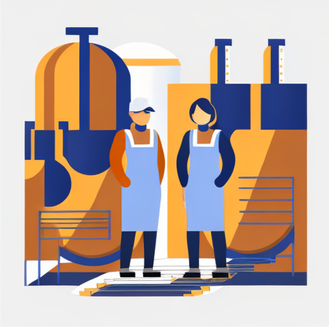 corporate art style logo of two people standing in front of equipment